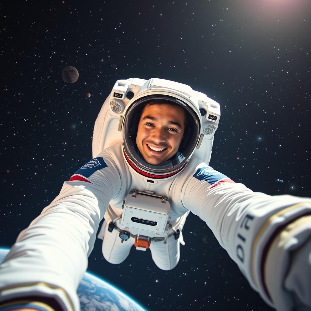 An astronaut floating in the vastness of space, wearing a beautifully detailed white spacesuit with vibrant blue and red accents