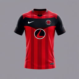 A sports jersey design featuring a prominent logo in the center