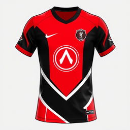 A sports jersey design featuring a prominent logo in the center