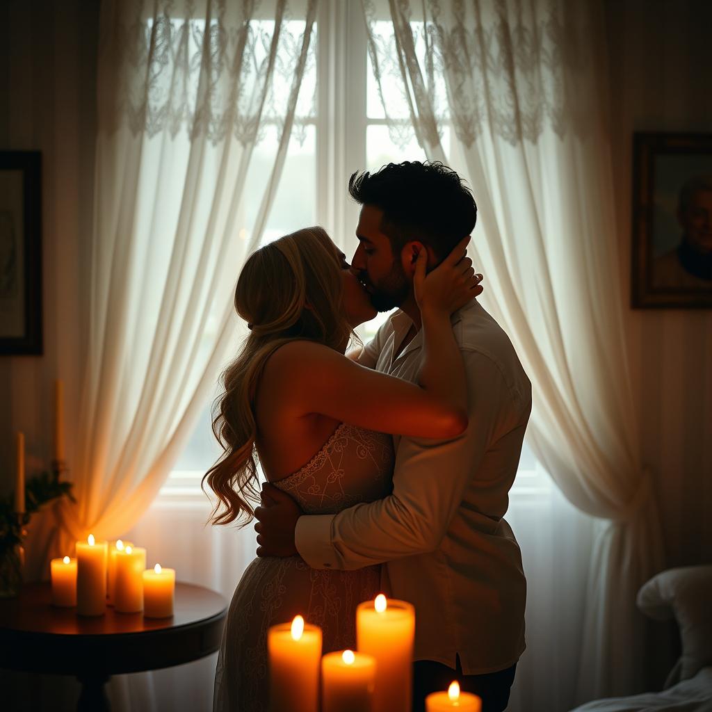 An intimate and romantic setting featuring two adults embracing in a softly lit room, surrounded by candles and delicate lace curtains