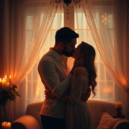 An intimate and romantic setting featuring two adults embracing in a softly lit room, surrounded by candles and delicate lace curtains