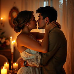 An intimate and romantic setting featuring two adults embracing in a softly lit room, surrounded by candles and delicate lace curtains