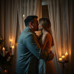 An intimate and romantic setting featuring two adults embracing in a softly lit room, surrounded by candles and delicate lace curtains