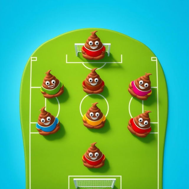 An aerial view of a soccer field where seven cartoon-style poop characters represent different soccer player positions