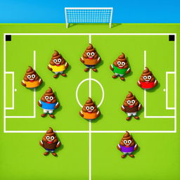 An aerial view of a soccer field where seven cartoon-style poop characters represent different soccer player positions