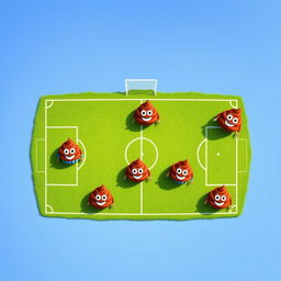 An aerial view of a soccer field where seven cartoon-style poop characters represent different soccer player positions