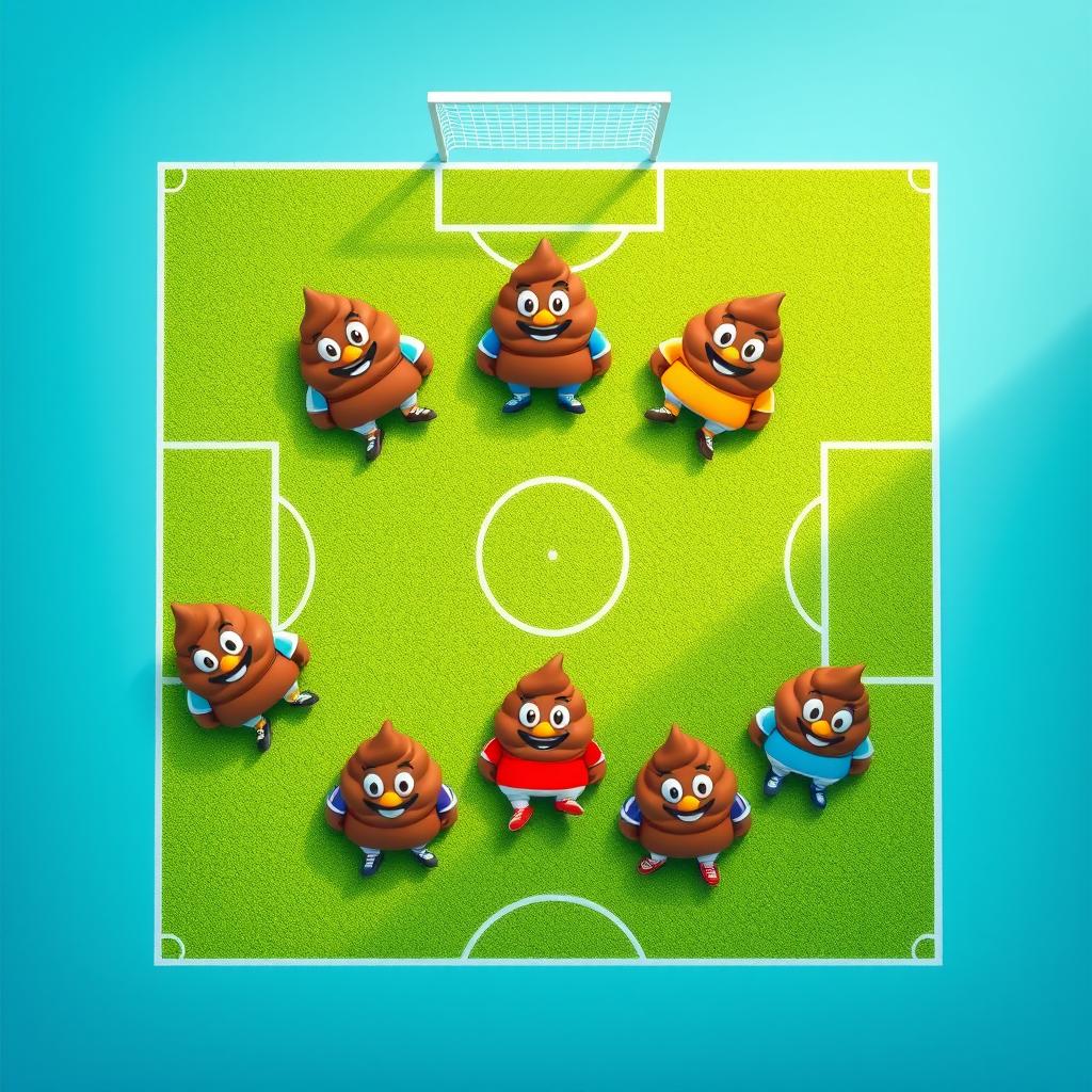 An aerial view of a soccer field where seven cartoon-style poop characters represent different soccer player positions