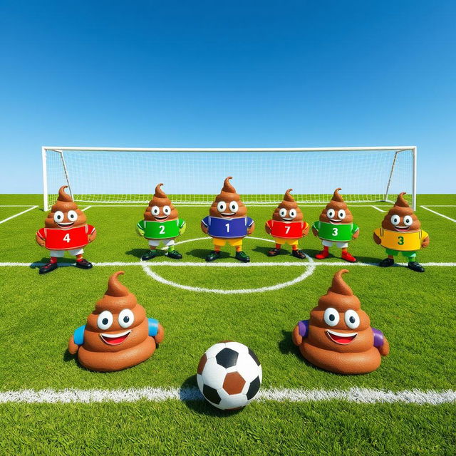 An aerial shot of a soccer field depicting a whimsical scene where seven distinct player positions are represented by colorful, cartoon-style poop characters