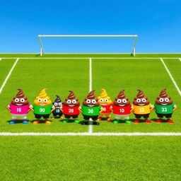 An aerial shot of a soccer field depicting a whimsical scene where seven distinct player positions are represented by colorful, cartoon-style poop characters