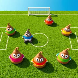 An aerial shot of a soccer field depicting a whimsical scene where seven distinct player positions are represented by colorful, cartoon-style poop characters