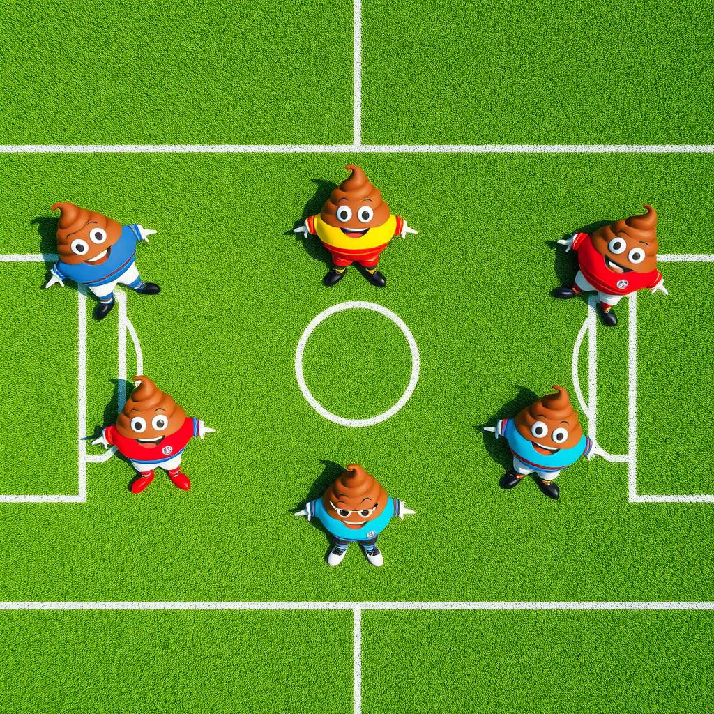 An aerial shot of a soccer field depicting a whimsical scene where seven distinct player positions are represented by colorful, cartoon-style poop characters
