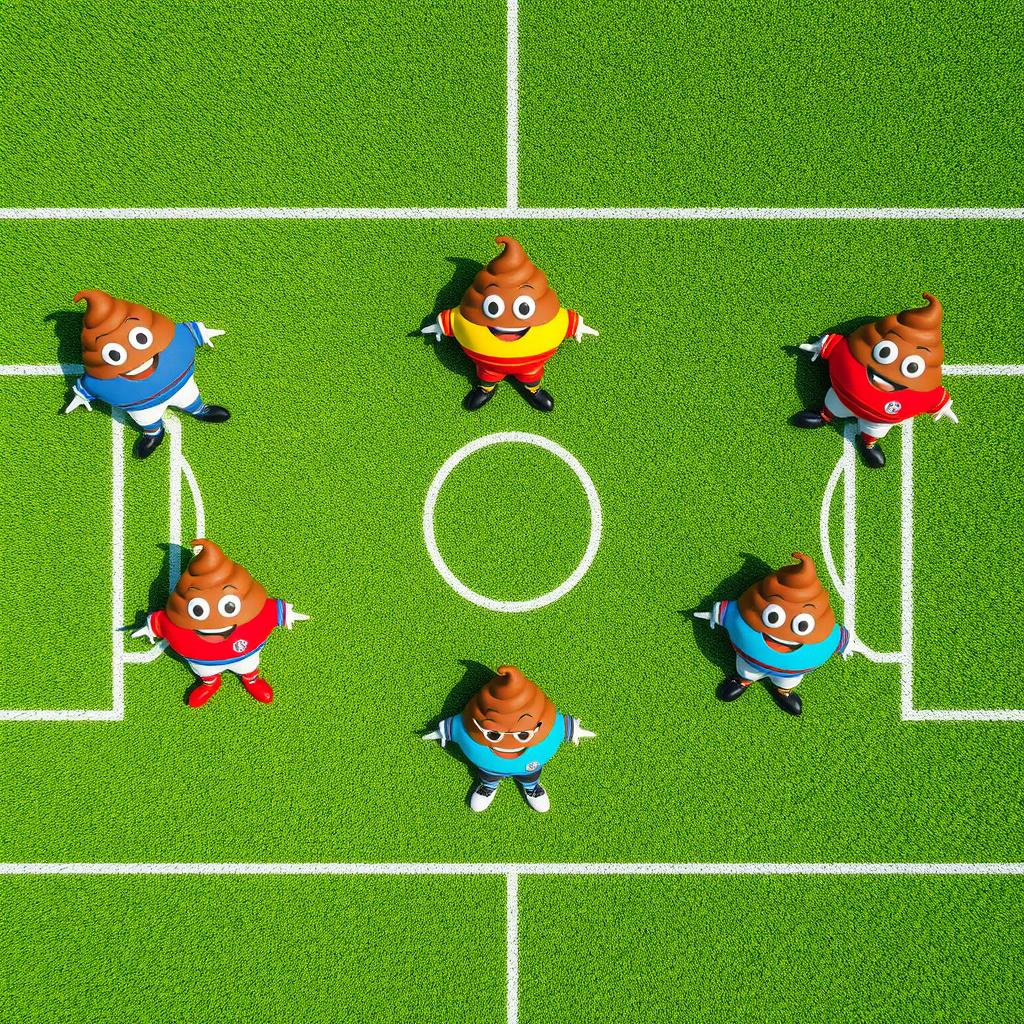 An aerial shot of a soccer field depicting a whimsical scene where seven distinct player positions are represented by colorful, cartoon-style poop characters