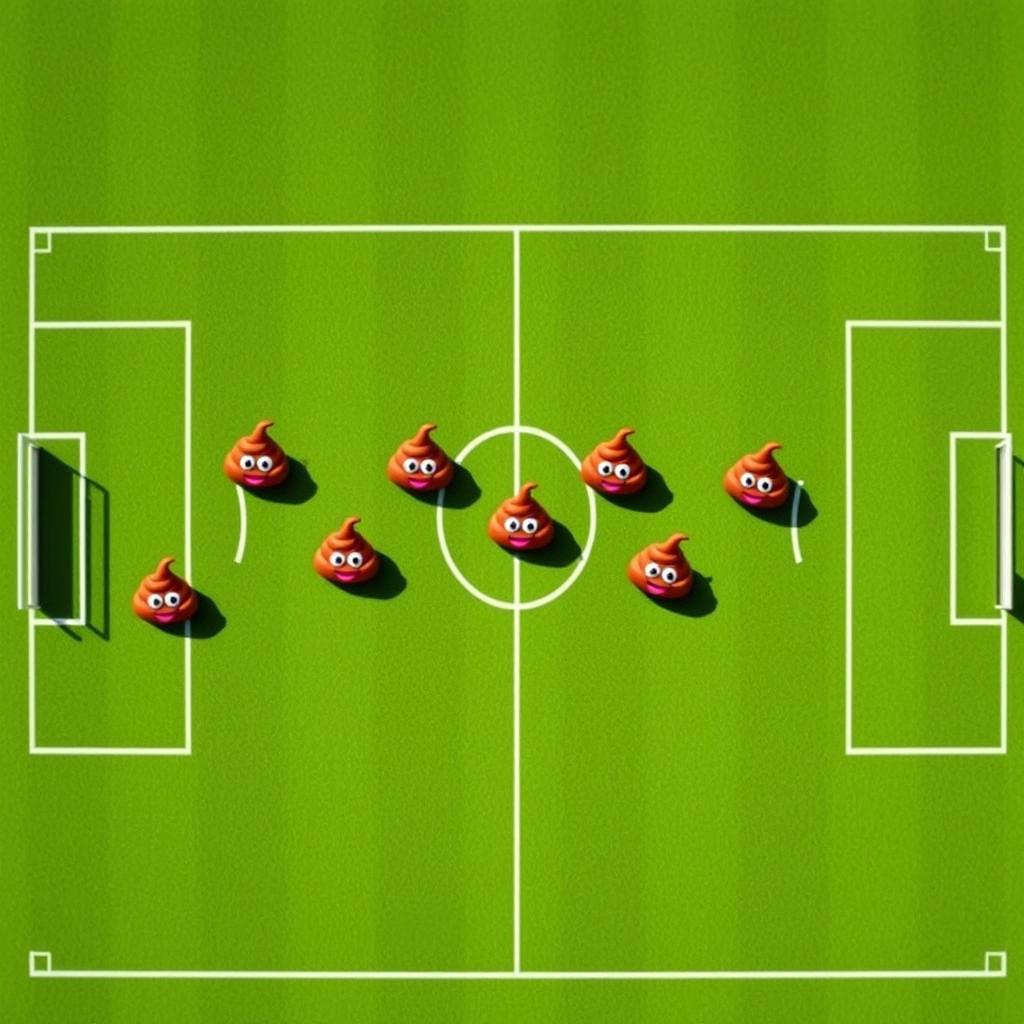 A whimsical aerial view of a soccer field, creatively illustrating a soccer team with seven different positions using cartoonish poop emojis to represent each player