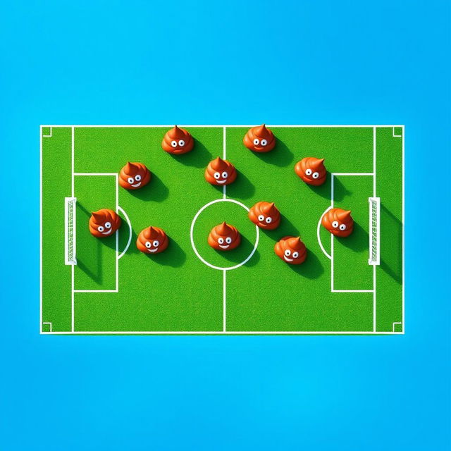 A whimsical aerial view of a soccer field, creatively illustrating a soccer team with seven different positions using cartoonish poop emojis to represent each player