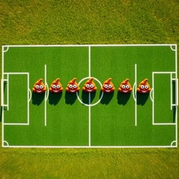 A whimsical aerial view of a soccer field, creatively illustrating a soccer team with seven different positions using cartoonish poop emojis to represent each player