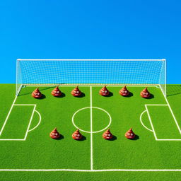 A whimsical aerial view of a soccer field, creatively illustrating a soccer team with seven different positions using cartoonish poop emojis to represent each player