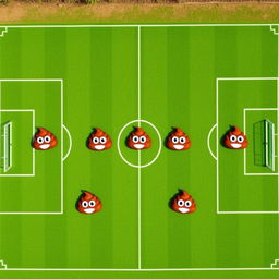 A whimsical aerial view of a soccer field, showcasing a soccer team creatively represented by seven cartoonish poop emojis, each symbolizing a different player position