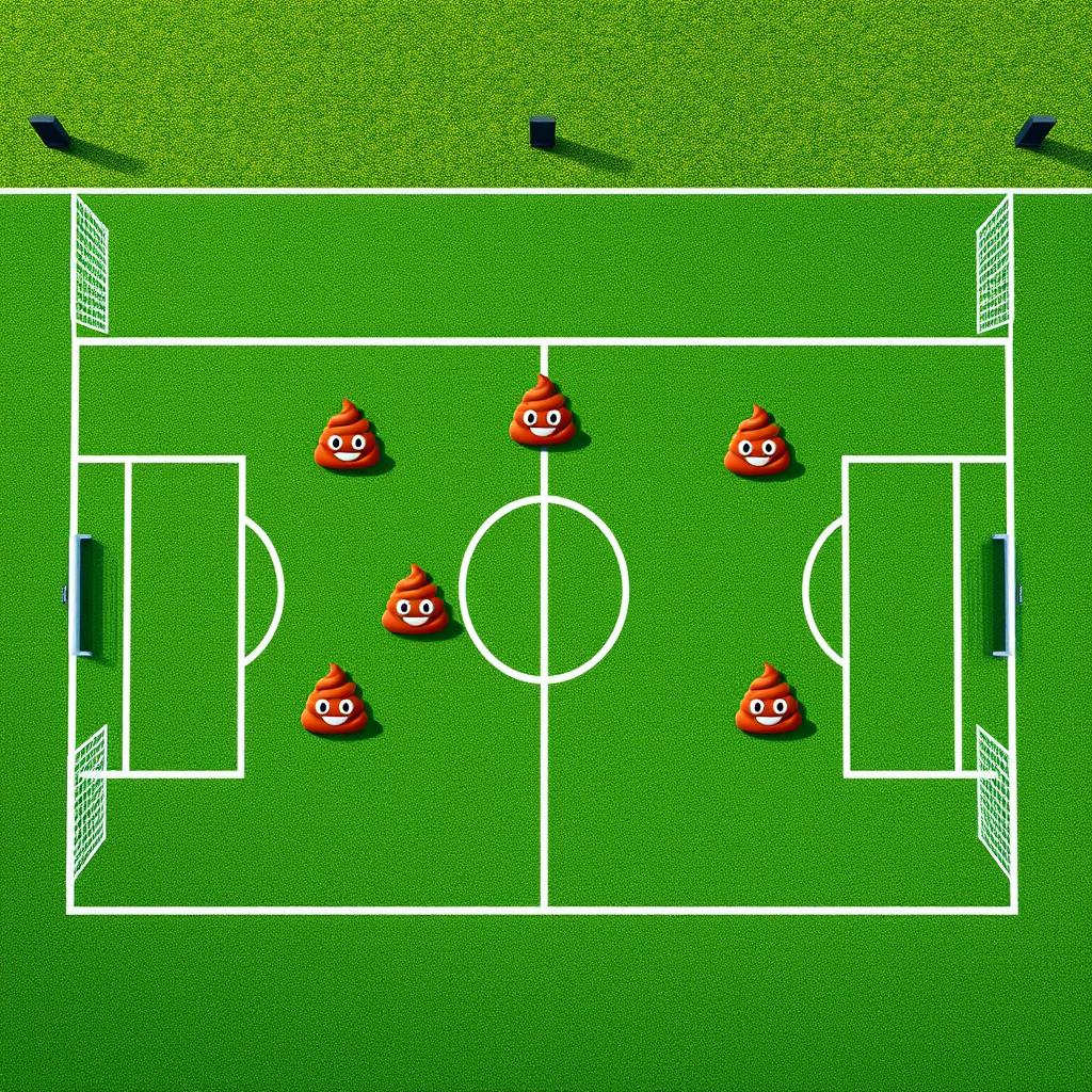 A whimsical aerial view of a soccer field, showcasing a soccer team creatively represented by seven cartoonish poop emojis, each symbolizing a different player position