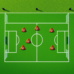 A whimsical aerial view of a soccer field, showcasing a soccer team creatively represented by seven cartoonish poop emojis, each symbolizing a different player position