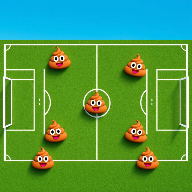 A whimsical aerial view of a soccer field, showcasing a soccer team creatively represented by seven cartoonish poop emojis, each symbolizing a different player position