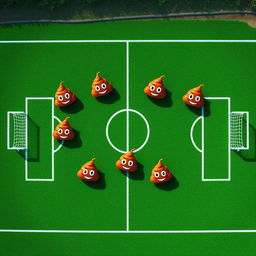 A whimsical aerial view of a soccer field, showcasing a soccer team creatively represented by seven cartoonish poop emojis, each symbolizing a different player position