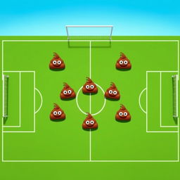 A playful aerial view of a soccer field, featuring a soccer team depicted uniquely with seven cartoonish poop emojis representing different player positions