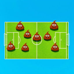 A playful aerial view of a soccer field, featuring a soccer team depicted uniquely with seven cartoonish poop emojis representing different player positions