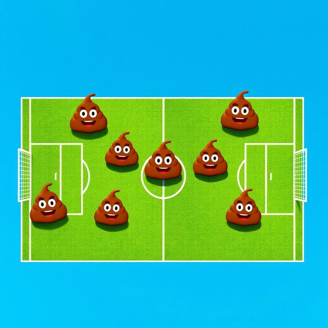 A playful aerial view of a soccer field, featuring a soccer team depicted uniquely with seven cartoonish poop emojis representing different player positions