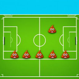 A playful aerial view of a soccer field, featuring a soccer team depicted uniquely with seven cartoonish poop emojis representing different player positions