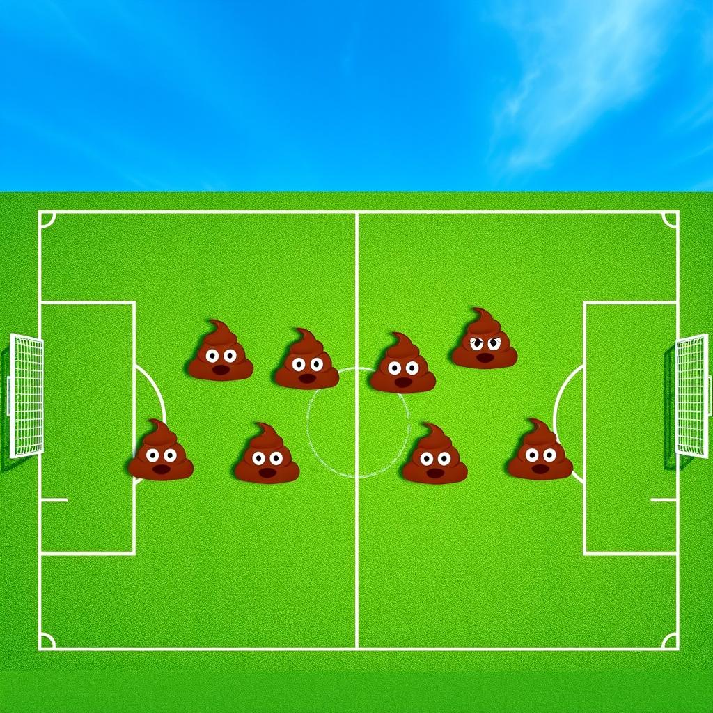 A playful aerial view of a soccer field, featuring a soccer team depicted uniquely with seven cartoonish poop emojis representing different player positions