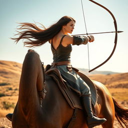 A stunning girl skillfully riding a brown horse while practicing horseback archery