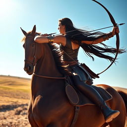 A stunning girl skillfully riding a brown horse while practicing horseback archery