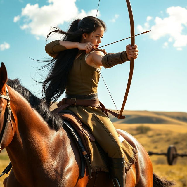 A stunning girl skillfully riding a brown horse while practicing horseback archery