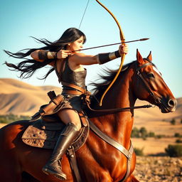 A stunning girl skillfully riding a brown horse while practicing horseback archery
