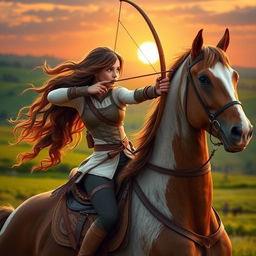 A captivating girl expertly riding a majestic horse while engaging in horseback archery