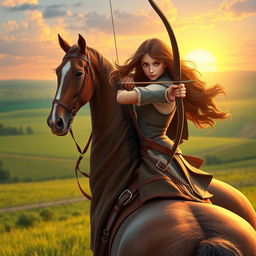 A captivating girl expertly riding a majestic horse while engaging in horseback archery