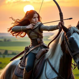 A captivating girl expertly riding a majestic horse while engaging in horseback archery