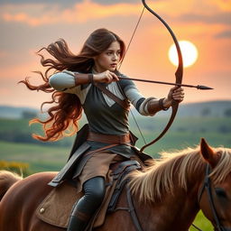 A captivating girl expertly riding a majestic horse while engaging in horseback archery