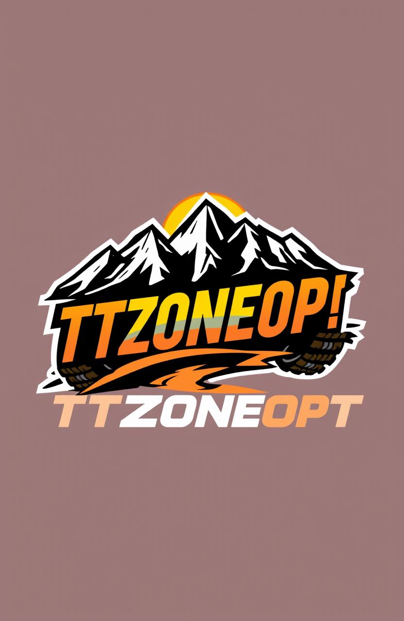 A dynamic rally-themed logo designed for 'TTZONEOPT', featuring bold typography that incorporates elements of off-road racing, such as rugged tire tracks, a stylized terrain backdrop, and vibrant colors