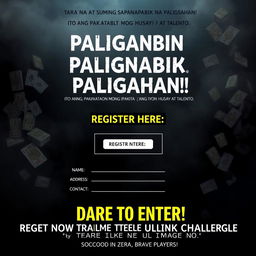 A mysterious and slightly eerie poster for an exciting gaming competition, designed to capture attention and evoke curiosity