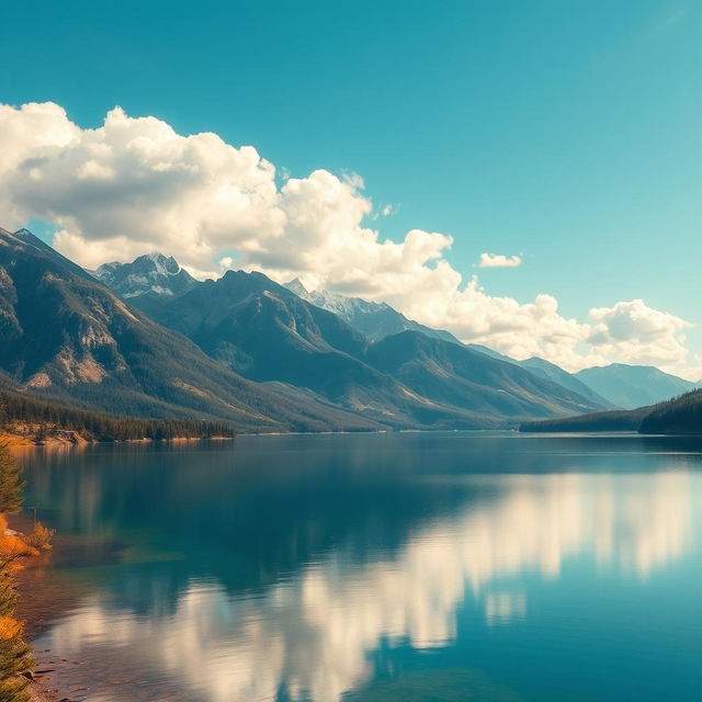 A stunning landscape featuring a serene lake surrounded by majestic mountains under a bright blue sky