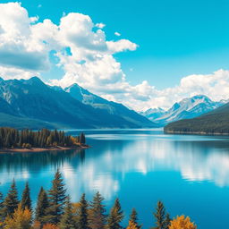 A stunning landscape featuring a serene lake surrounded by majestic mountains under a bright blue sky