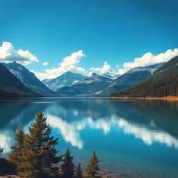 A stunning landscape featuring a serene lake surrounded by majestic mountains under a bright blue sky