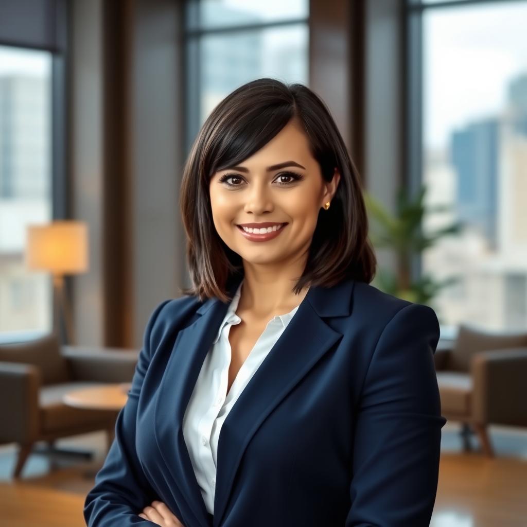 A professional portrait of a successful businesswoman, dressed in a sharp navy blue suit with a white blouse, standing confidently in a modern office environment