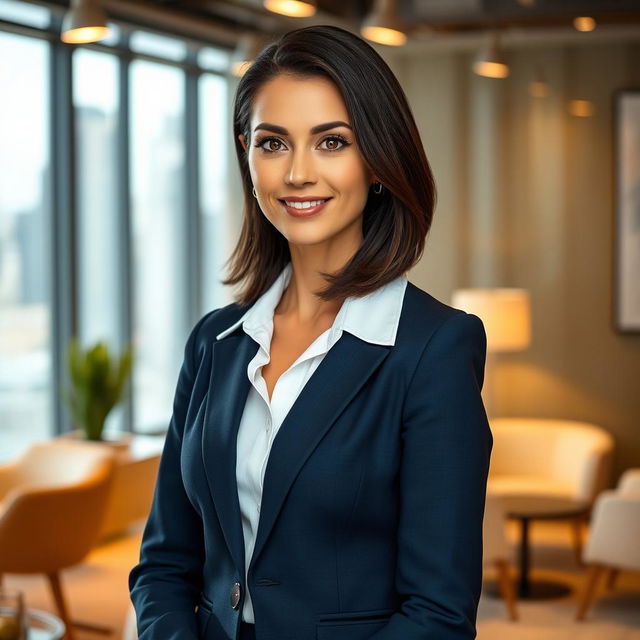 A professional portrait of a successful businesswoman, dressed in a sharp navy blue suit with a white blouse, standing confidently in a modern office environment