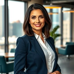 A professional portrait of a successful businesswoman, dressed in a sharp navy blue suit with a white blouse, standing confidently in a modern office environment