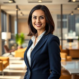 A professional portrait of a successful businesswoman, dressed in a sharp navy blue suit with a white blouse, standing confidently in a modern office environment