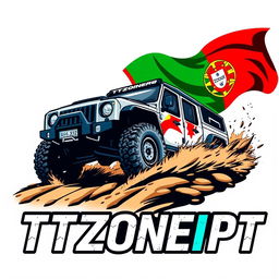 A vibrant logo featuring an off-road vehicle prominently displayed alongside the text 'TTZONEPT' and incorporating the Portuguese flag