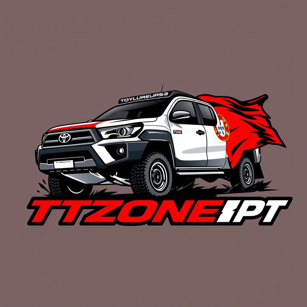 A bold logo featuring a Toyota Hilux Dakar truck prominently displayed alongside the text 'TTZONEPT' and incorporating the Portuguese flag