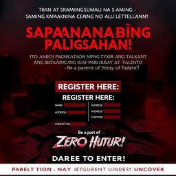 A mysterious and slightly scary poster for an exhilarating gaming competition, designed with a captivating red and black color scheme to evoke intrigue and excitement